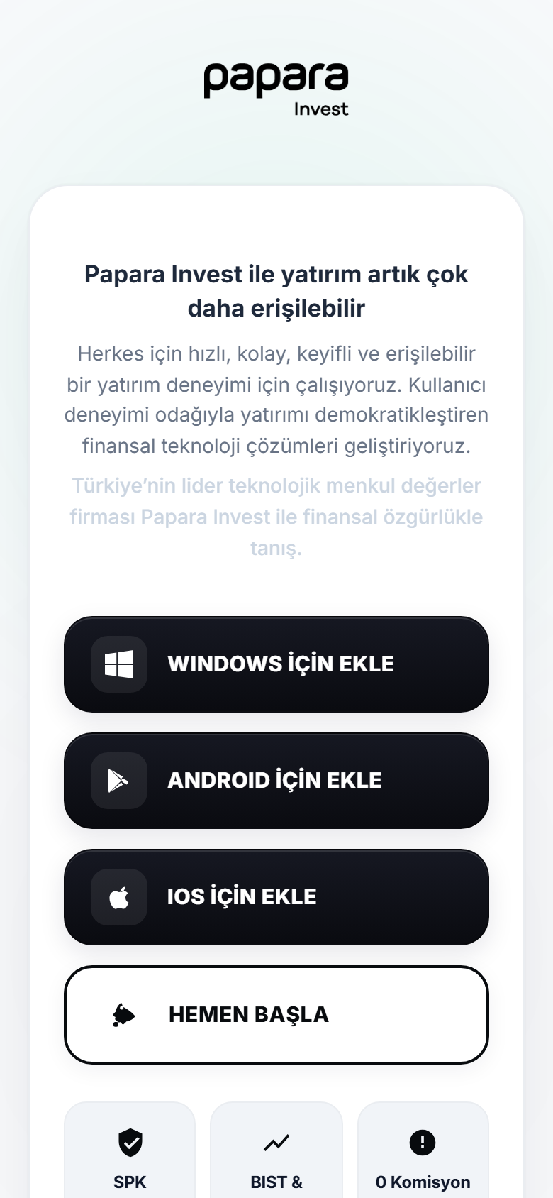 Papara Invest mobil görünüm